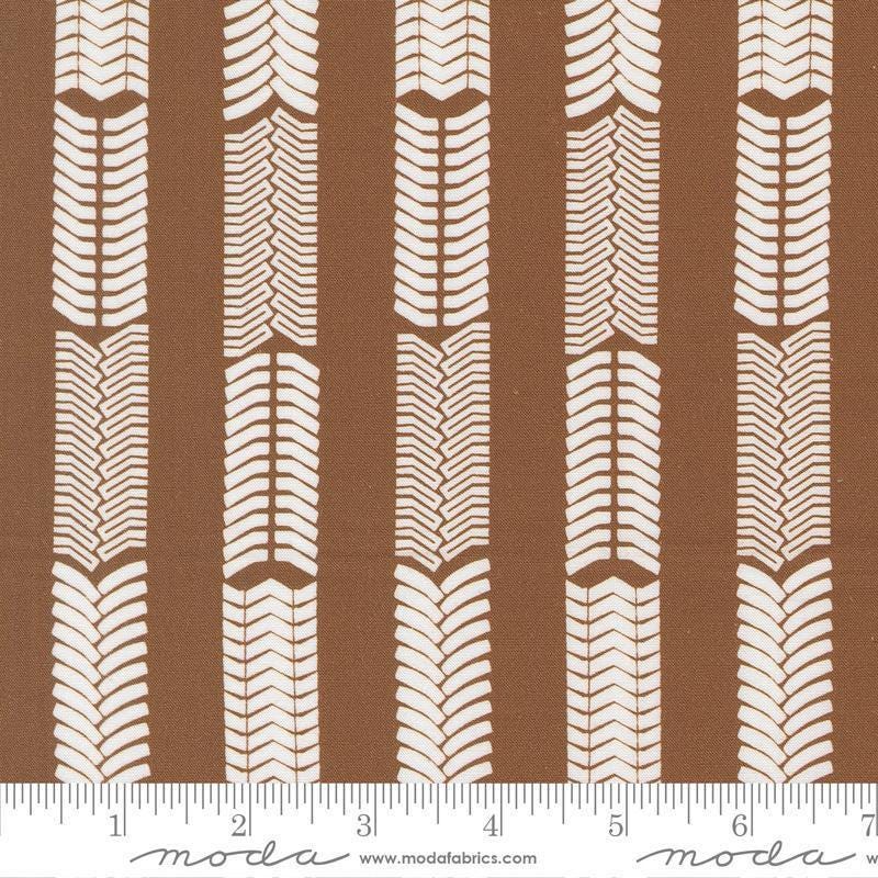 Image of the For My Boys Oliver Tracks Coco quilting cotton fabric by Sewn By Amy Schelle for Moda Fabrics. Features stripes on a brown background. Cute Little Fabric Shop
