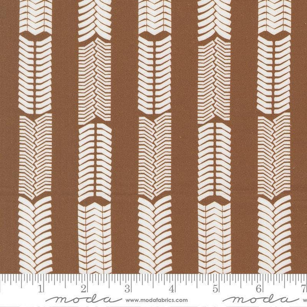 Image of the For My Boys Oliver Tracks Coco quilting cotton fabric by Sewn By Amy Schelle for Moda Fabrics. Features stripes on a brown background. Cute Little Fabric Shop