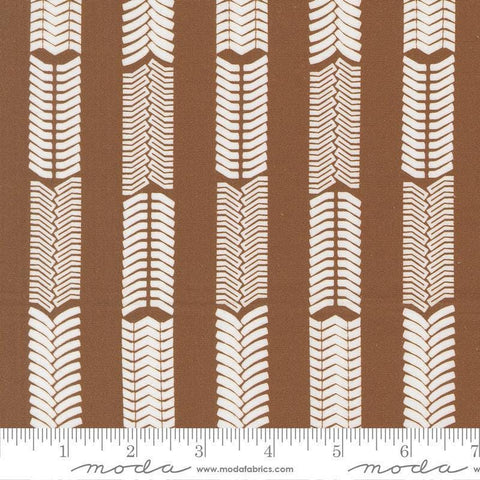 Image of the For My Boys Oliver Tracks Coco quilting cotton fabric by Sewn By Amy Schelle for Moda Fabrics. Features stripes on a brown background. Cute Little Fabric Shop