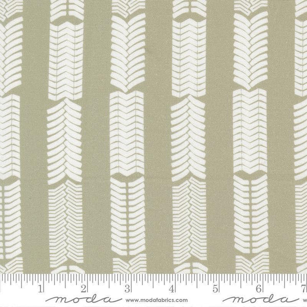 Image of the For My Boys Oliver Tracks Sage quilting cotton fabric by Sewn By Amy Schelle for Moda Fabrics. Features stripes on a green background. Cute Little Fabric Shop