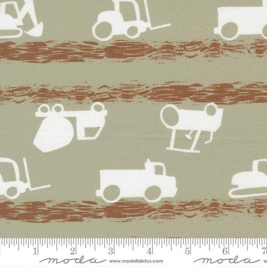Image of the For My Boys Oliver Trucks Sage quilting cotton fabric by Sewn By Amy Schelle for Moda Fabrics. Features trucks on a green background. Cute Little Fabric Shop