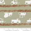 Image of the For My Boys Oliver Trucks Sage quilting cotton fabric by Sewn By Amy Schelle for Moda Fabrics. Features trucks on a green background. Cute Little Fabric Shop