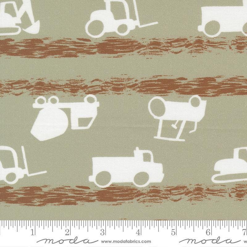 Image of the For My Boys Oliver Trucks Sage quilting cotton fabric by Sewn By Amy Schelle for Moda Fabrics. Features trucks on a green background. Cute Little Fabric Shop