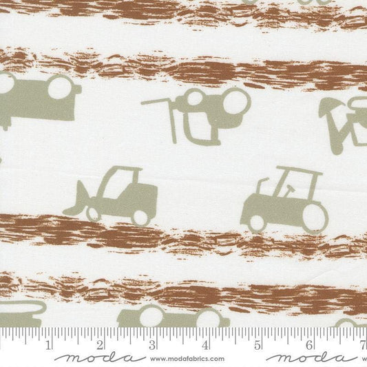 Image of the For My Boys Oliver Trucks Cream quilting cotton fabric by Sewn By Amy Schelle for Moda Fabrics. Features trucks on a cream background. Cute Little Fabric Shop