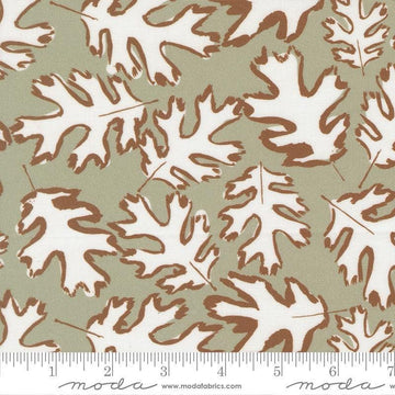 Image of the For My Boys Oliver Leaf Sage quilting cotton fabric by Sewn By Amy Schelle for Moda Fabrics. Features leaves on a green background. Cute Little Fabric Shop