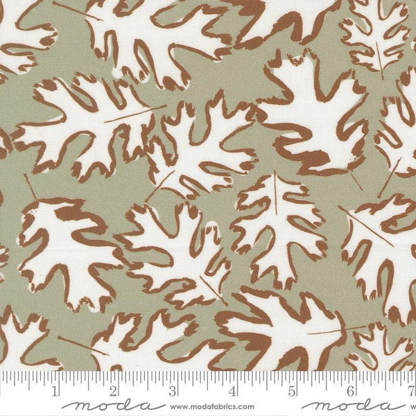 Image of the For My Boys Oliver Leaf Sage quilting cotton fabric by Sewn By Amy Schelle for Moda Fabrics. Features leaves on a green background. Cute Little Fabric Shop