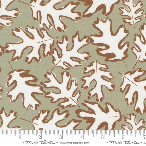 Image of the For My Boys Oliver Leaf Sage quilting cotton fabric by Sewn By Amy Schelle for Moda Fabrics. Features leaves on a green background. Cute Little Fabric Shop