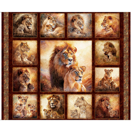 SALE Roar Of The Pride Lion Picture Patches Panel 31214 Brown A Panel - QT Fabrics - Large Cats Cubs Lioness - Quilting Cotton Fabric