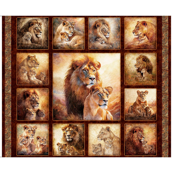 Roar Of The Pride Lion Picture Patches Panel 31214 Brown A Panel - QT Fabrics - Large Cats Cubs Lioness - Quilting Cotton Fabric