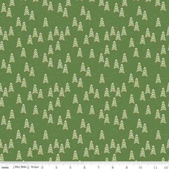 Image of the More Christmas Wishes Pines Green quilting cotton fabric by Riley Blake Designs. Features holly on a green background. Cute Little Fabric Shop