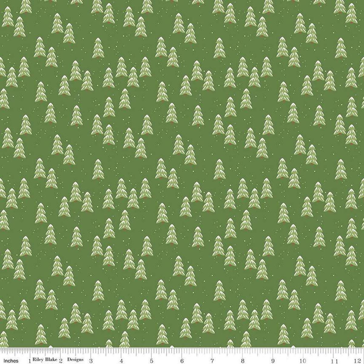 Image of the More Christmas Wishes Pines Green quilting cotton fabric by Riley Blake Designs. Features holly on a green background. Cute Little Fabric Shop