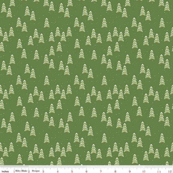 Image of the More Christmas Wishes Pines Green quilting cotton fabric by Riley Blake Designs. Features holly on a green background. Cute Little Fabric Shop