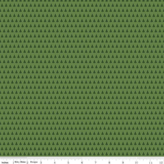 Image of the More Christmas Wishes Trees Green quilting cotton fabric by Riley Blake Designs. Features trees on a green background. Cute Little Fabric Shop