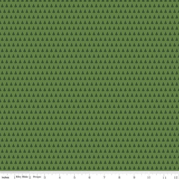 Image of the More Christmas Wishes Trees Green quilting cotton fabric by Riley Blake Designs. Features trees on a green background. Cute Little Fabric Shop