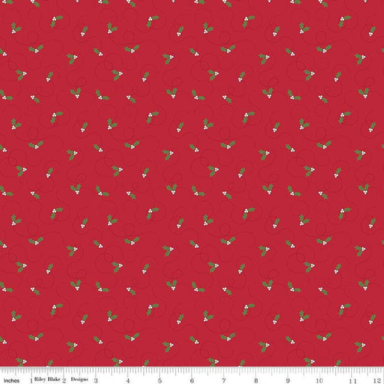 Image of the More Christmas Wishes Pines Red quilting cotton fabric by Riley Blake Designs. Features holly on a red background. Cute Little Fabric Shop