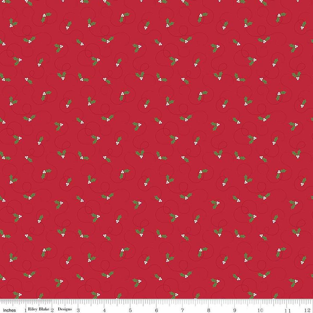 Image of the More Christmas Wishes Pines Red quilting cotton fabric by Riley Blake Designs. Features holly on a red background. Cute Little Fabric Shop