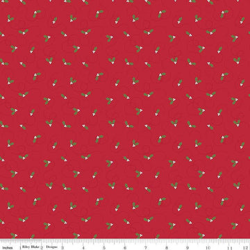 Image of the More Christmas Wishes Pines Red quilting cotton fabric by Riley Blake Designs. Features holly on a red background. Cute Little Fabric Shop