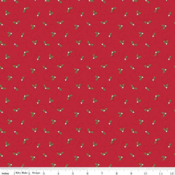 Image of the More Christmas Wishes Pines Red quilting cotton fabric by Riley Blake Designs. Features holly on a red background. Cute Little Fabric Shop
