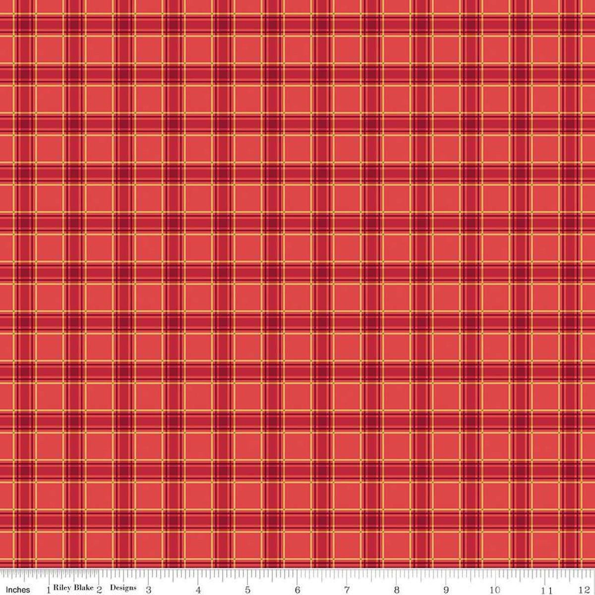 Image of the More Christmas Wishes Plaid Red quilting cotton fabric by Riley Blake Designs. Features plaid on a red background. Cute Little Fabric Shop