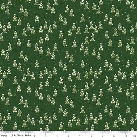 Image of the More Christmas Wishes Pines Forest quilting cotton fabric by Riley Blake Designs. Features pines on a green background. Cute Little Fabric Shop