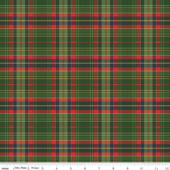 Image of the More Christmas Wishes Lumberjack Green quilting cotton fabric by Riley Blake Designs. Features stripes on a black background. Cute Little Fabric Shop