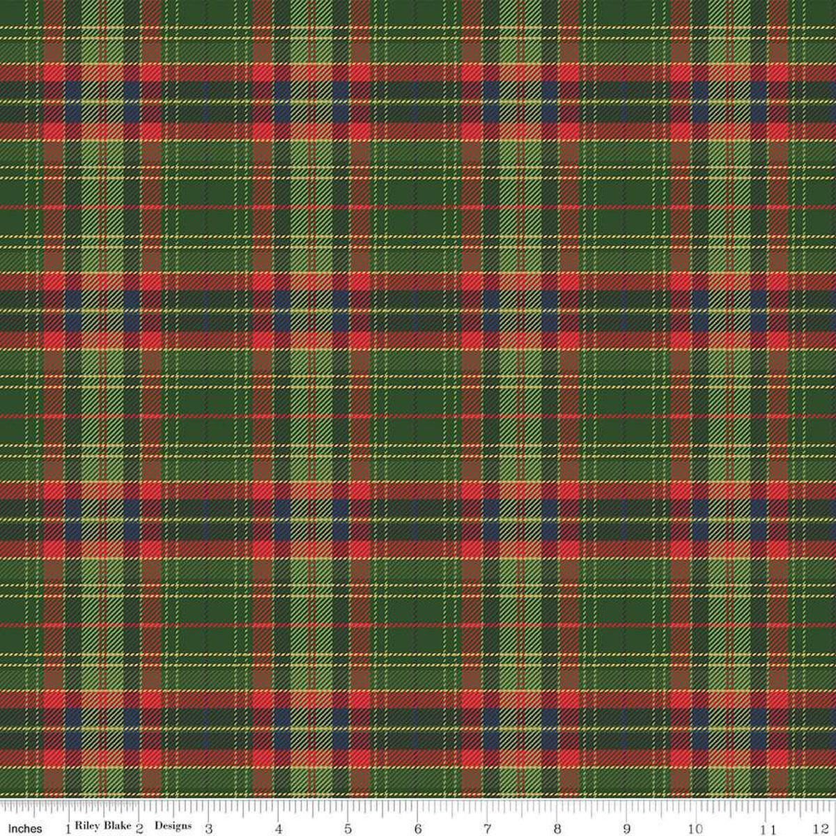 Image of the More Christmas Wishes Lumberjack Green quilting cotton fabric by Riley Blake Designs. Features stripes on a black background. Cute Little Fabric Shop