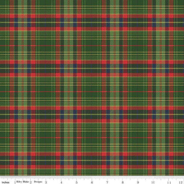 Image of the More Christmas Wishes Lumberjack Green quilting cotton fabric by Riley Blake Designs. Features stripes on a black background. Cute Little Fabric Shop