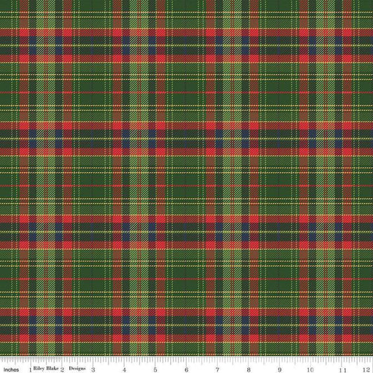 Image of the More Christmas Wishes Lumberjack Green quilting cotton fabric by Riley Blake Designs. Features stripes on a black background. Cute Little Fabric Shop