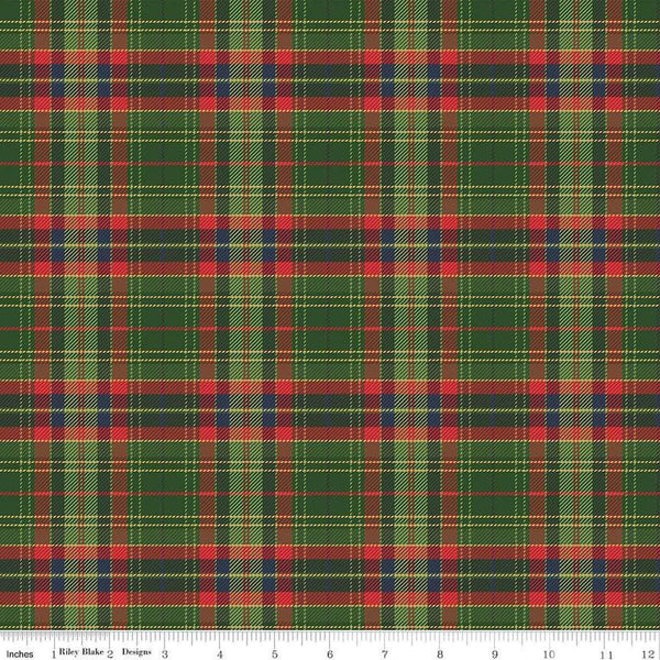 Image of the More Christmas Wishes Lumberjack Green quilting cotton fabric by Riley Blake Designs. Features stripes on a black background. Cute Little Fabric Shop