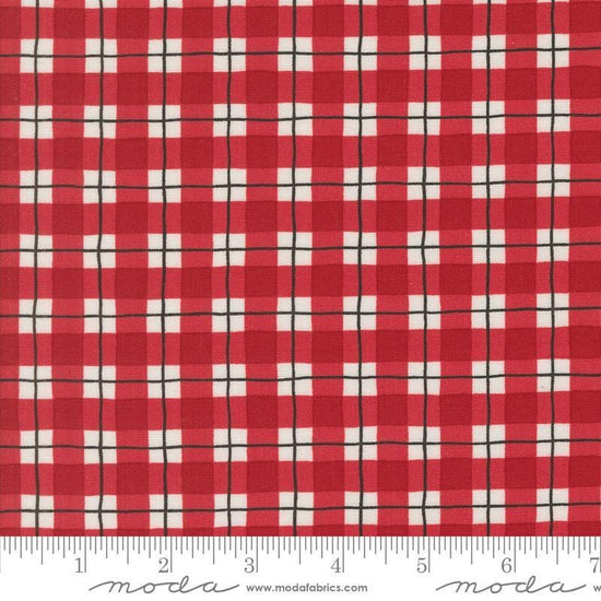 Image of the Winter Friends Plaid Berry Red quilting cotton fabric by Moda Fabrics. Features checks on a red background. Cute Little Fabric Shop