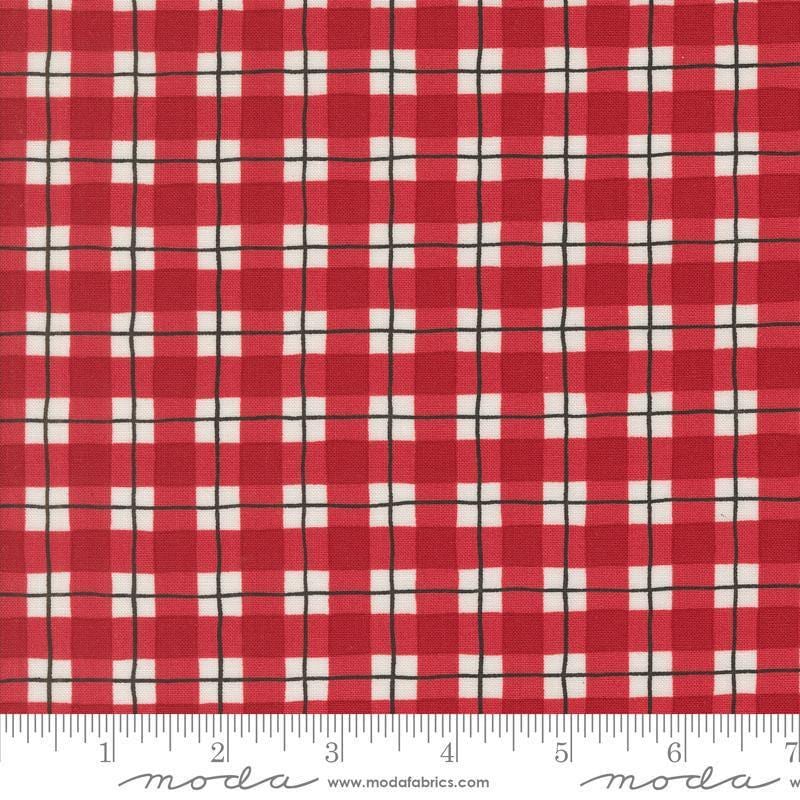 Image of the Winter Friends Plaid Berry Red quilting cotton fabric by Moda Fabrics. Features checks on a red background. Cute Little Fabric Shop