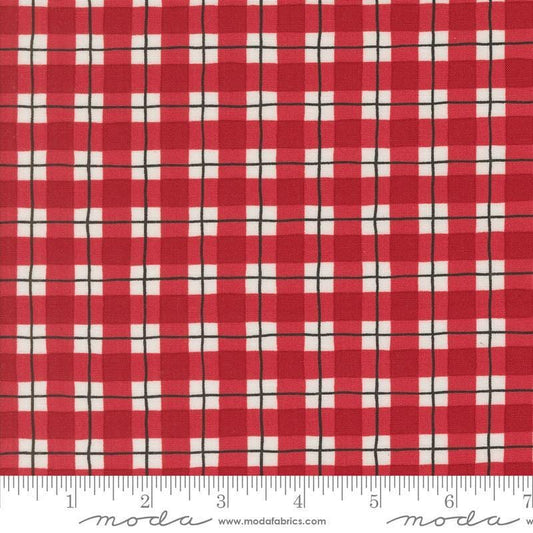 Image of the Winter Friends Plaid Berry Red quilting cotton fabric by Moda Fabrics. Features checks on a red background. Cute Little Fabric Shop