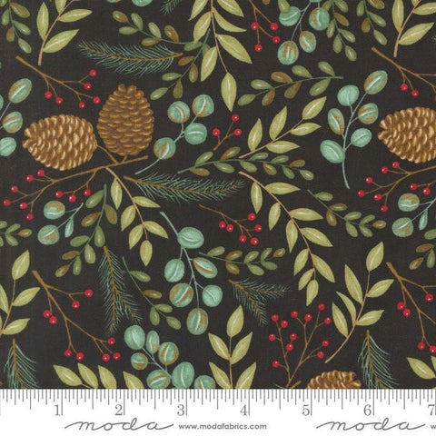 Image of the Winter Friends Woodland Charcoal Black quilting cotton fabric by Moda Fabrics. Features greenery on a black background. Cute Little Fabric Shop