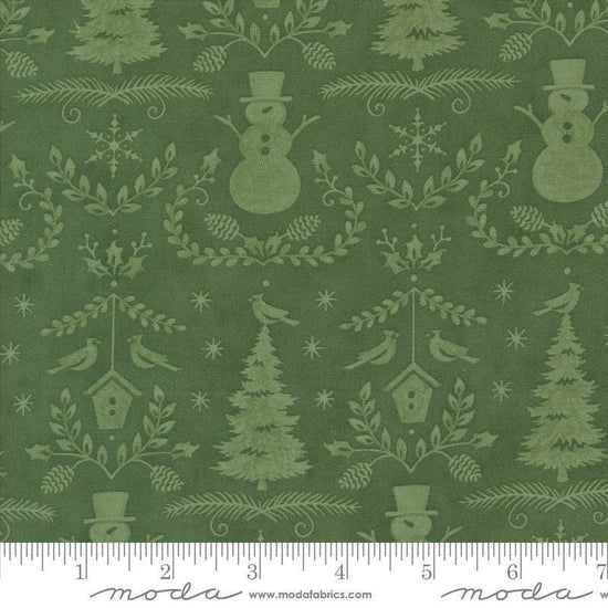 Image of the Winter Friends Winter Spruce quilting cotton fabric by Moda Fabrics. Features damask on a green background. Cute Little Fabric Shop