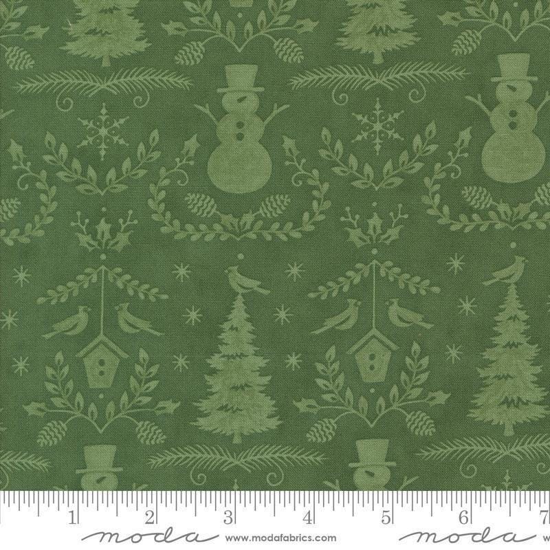 Image of the Winter Friends Winter Spruce quilting cotton fabric by Moda Fabrics. Features damask on a green background. Cute Little Fabric Shop