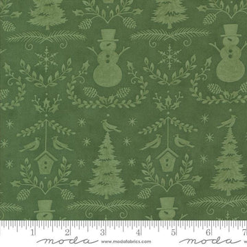 Image of the Winter Friends Winter Spruce quilting cotton fabric by Moda Fabrics. Features damask on a green background. Cute Little Fabric Shop