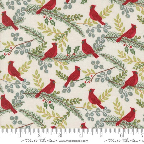 Image of the Winter Friends Cardinals Charcoal Snowy White quilting cotton fabric by Moda Fabrics. Features birds on a white background. Cute Little Fabric Shop