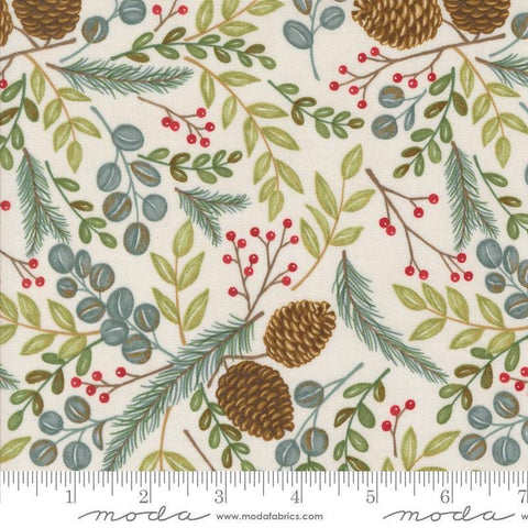 Image of the Winter Friends Woodland Snowy White quilting cotton fabric by Moda Fabrics. Features greenery on a white background. Cute Little Fabric Shop