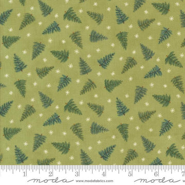 Image of the Winter Friends Trees Holly quilting cotton fabric by Moda Fabrics. Features trees on a green background. Cute Little Fabric Shop