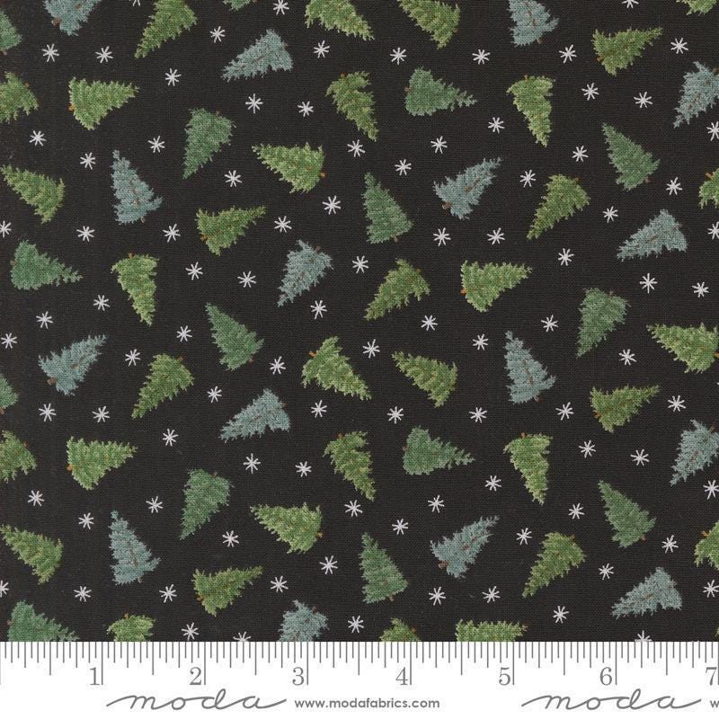 Image of the Winter Friends Trees Charcoal Black quilting cotton fabric by Moda Fabrics. Features trees on a black background. Cute Little Fabric Shop