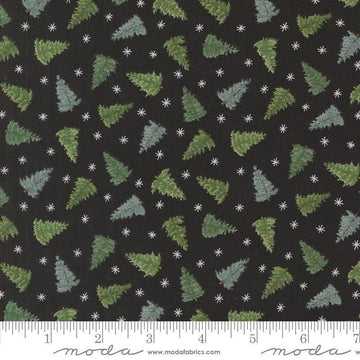 Image of the Winter Friends Trees Charcoal Black quilting cotton fabric by Moda Fabrics. Features trees on a black background. Cute Little Fabric Shop