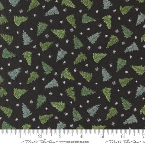 Image of the Winter Friends Trees Charcoal Black quilting cotton fabric by Moda Fabrics. Features trees on a black background. Cute Little Fabric Shop