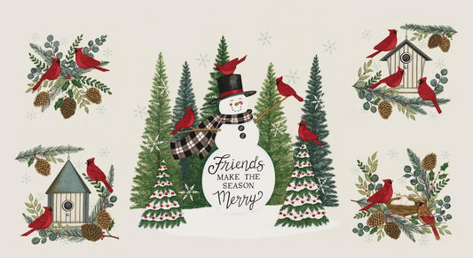 Winter Friends Panel 56139 Snowy White - Moda Fabrics - Winter Snowman Trees Christmas - Quilting Cotton Fabric
