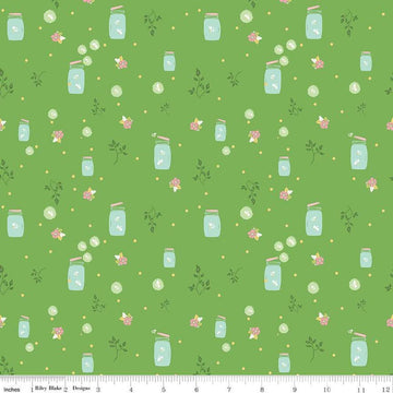 Image of the Summer Skies and Fireflies Fireflies Green Quilting Cotton Fabric by Riley Blake Designs. Features fireflies on a green background. Cute Little Fabric Shop