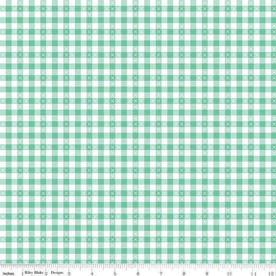 Image of the Summer Skies and Fireflies Gingham Aqua Quilting Cotton Fabric by Riley Blake Designs. Features gingham on a blue background. Cute Little Fabric Shop