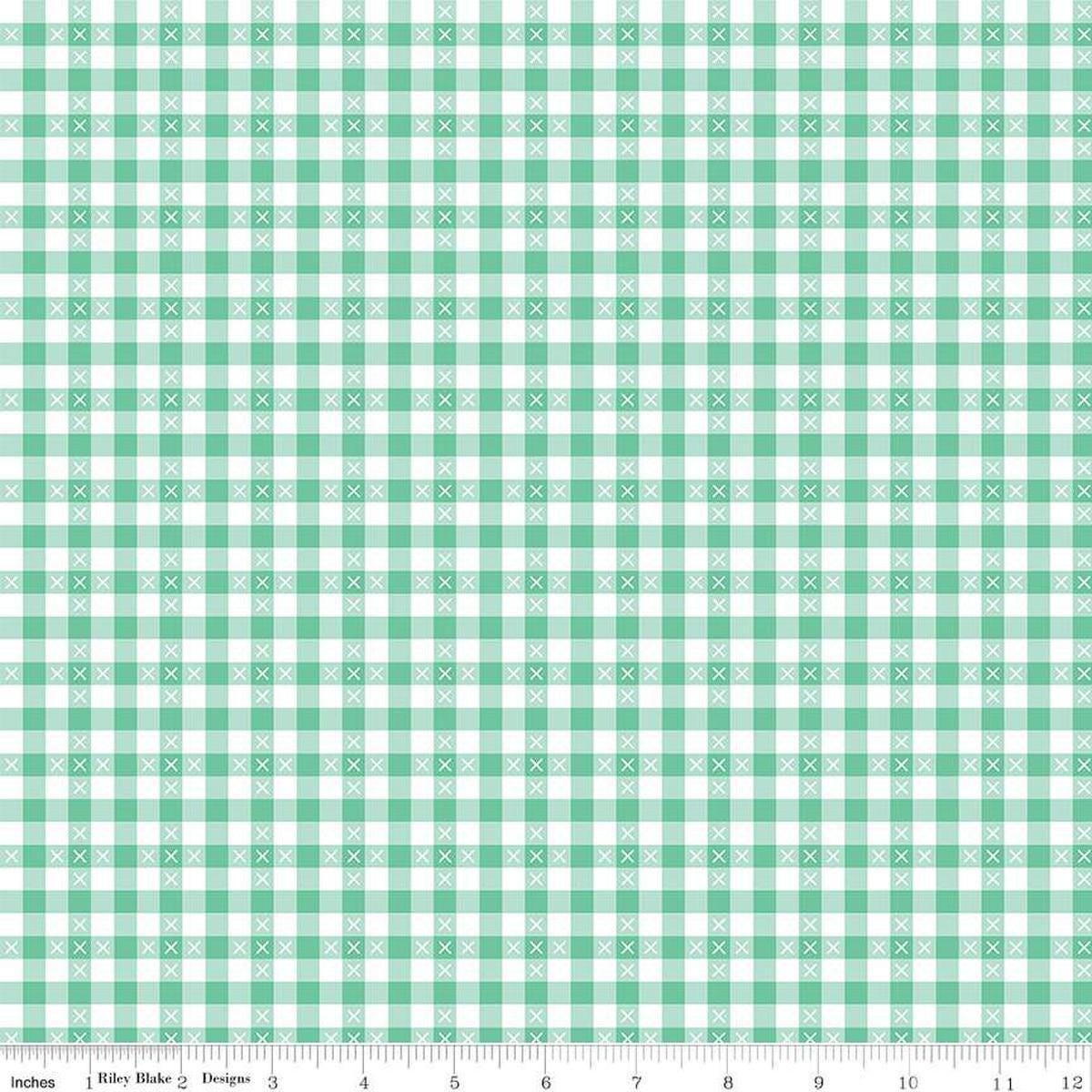 Image of the Summer Skies and Fireflies Gingham Aqua Quilting Cotton Fabric by Riley Blake Designs. Features gingham on a blue background. Cute Little Fabric Shop