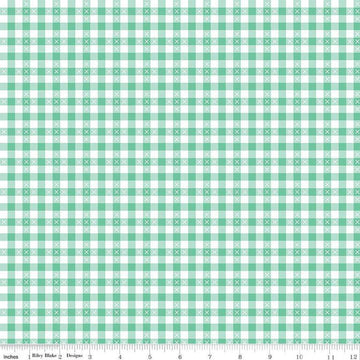 Image of the Summer Skies and Fireflies Gingham Aqua Quilting Cotton Fabric by Riley Blake Designs. Features gingham on a blue background. Cute Little Fabric Shop