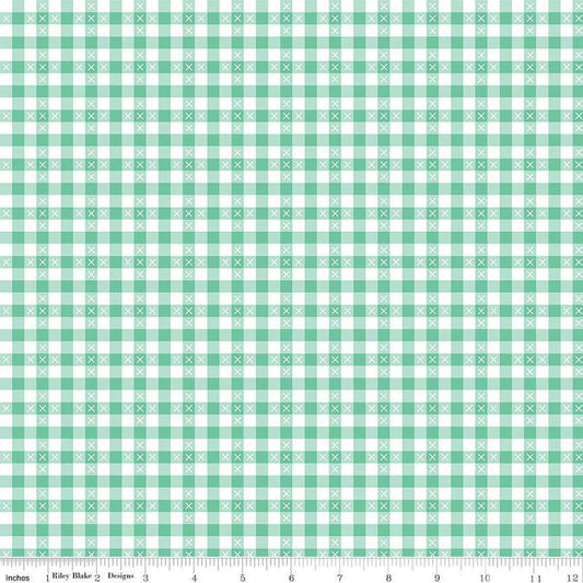 Image of the Summer Skies and Fireflies Gingham Aqua Quilting Cotton Fabric by Riley Blake Designs. Features gingham on a blue background. Cute Little Fabric Shop