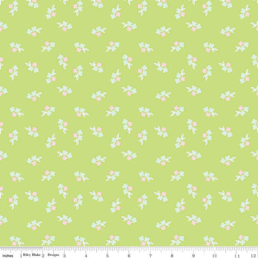 Image of the Summer Skies and Fireflies Floral Lime Quilting Cotton Fabric by Riley Blake Designs. Features flowers on a blue background. Cute Little Fabric Shop