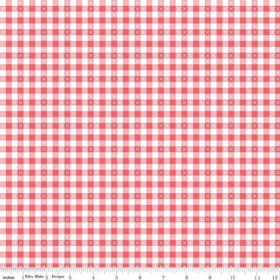 Image of the Summer Skies and Fireflies Gingham Tea Rose Quilting Cotton Fabric by Riley Blake Designs. Features gingham on a pink background. Cute Little Fabric Shop
